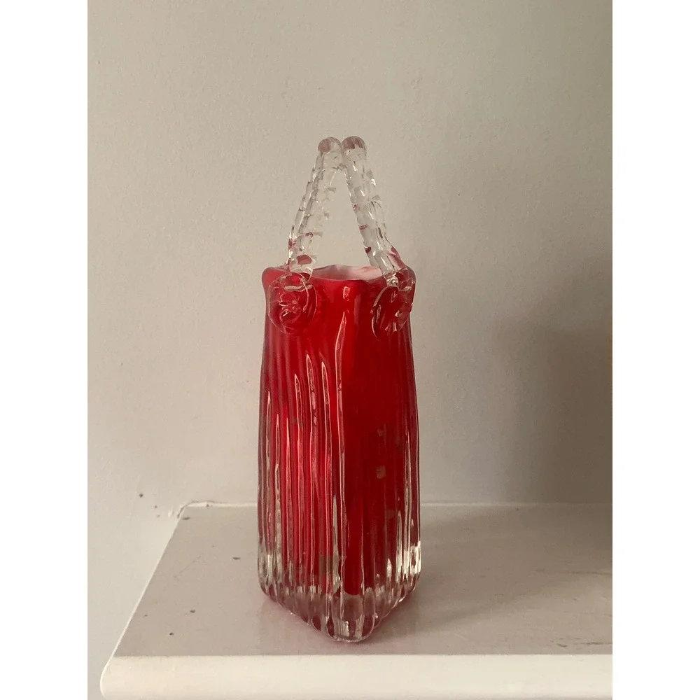 Hand Blown Red Glass Purse Vase Gold‎ Aventurine Flecks Ribbed Art Glass Handbag